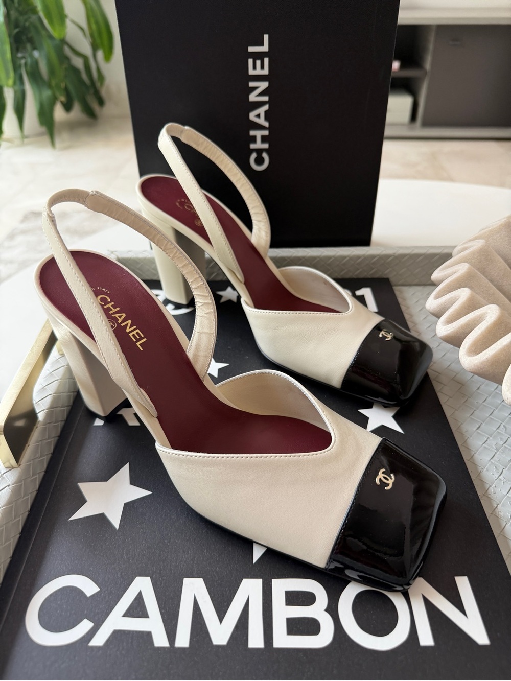 Chanel 26S Blazy Ivory Ecru Black Square Cap Toe Sling Slingback Heel Pump 38.5 - Picture 5 of 14
